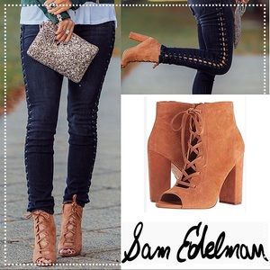 SAM EDELMAN Rust Colored Suede Lace-Up Moto Bootie